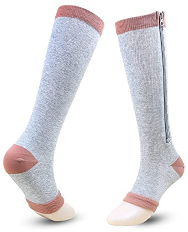 Calze a compressione medica con cerniera da donna e uomo in nylon ad alta elasticità con punta chiusa a pressione per edema vene varicose (2 paia) (XXL, grigio)