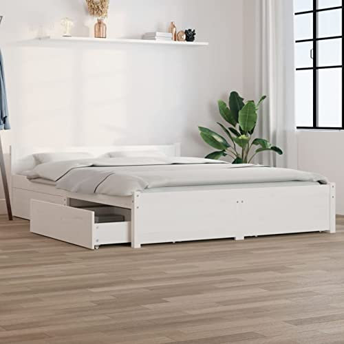 Festnight Bett 140x200 cm Holzbett mit Schubladen Doppelbett mit Bettkasten Massivholzbett Bettgestell mit Lattenrost Einzelbett Bettrahmen mit Stauraum Weiß