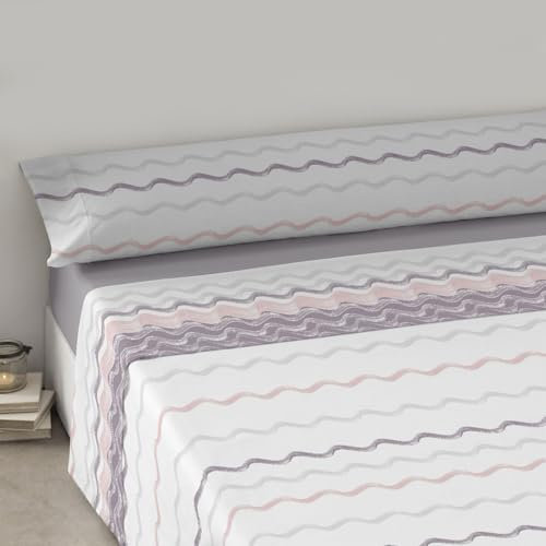 MERCURY TEXTIL – Juego Sábanas de Cama Estampadas 3 Piezas (50% algodón/50% poliéster) Incluye Funda de Almohada + Encimera + Bajera Ajustable. (Cama de 135 cm, Onda Lila)