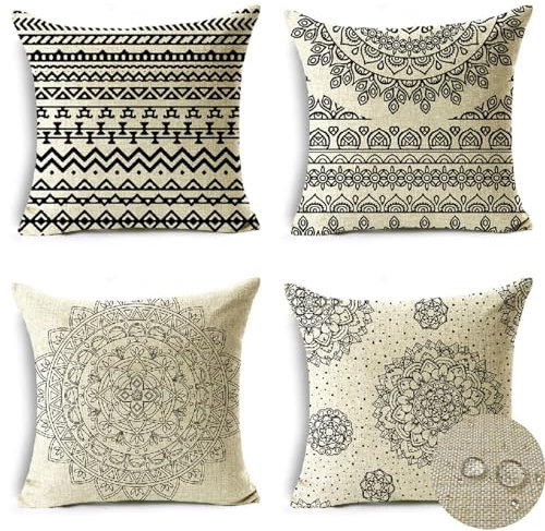 4er Set Kissenbezüge 75x75 Böhmermann Sofakissen Wasserfest Leinen Dekorative Kissenhülle Sommer Schwarz Zierkissenbezüge für Garten Outdoor Sofa Wohnzimmer Patio Zuhause Deko Kissenbezug YQ-599