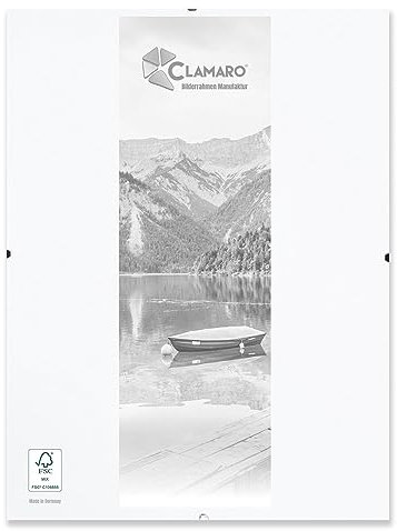 CLAMARO 'N°1' Marco de fotos sin marco, marco con clips, 15 x 22 cm, moderno portafotos para presentaciones de galería, con tablero de madera MDF laminado blanco y cristal acrílico