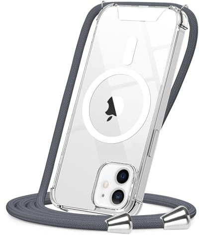 CAROKI Crossbody Lanyard Case for iPhone 12 6.1 inch, Magnetic Case Compatible with MagSafe Transparent Slim PC + TPU Clear Phone Case Cover with Lanyard Strap for iPhone 12/12 Pro-Grey