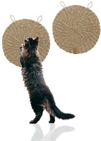 Rohrschneider Kratzmatte rund Katze handgeflochten aus Naturmaterial Seegras | Kratzbrett zum Schutz von Sofa, Teppich und Anderen Möbeln | Katzen Zubehör für Wand und Fußboden | 37 cm | 2er Set