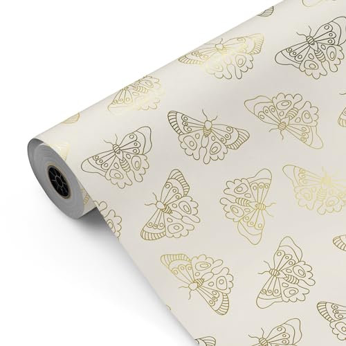 Rouleau de papier cadeau, grand rouleau 62 cm x 100 m • Papillons dorés fond gris clair • Idéal pour : magasins, commerces, emballages cadeaux d'anniversaire [FP Fiesta Paper]