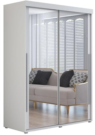 Meble Slupia Kleiderschrank IGA 2 - Schiebetüren mit Zwei Spiegel - Holzwerkstoff, Kleiderstange, Geteilte Tür - Für Schlafzimmer, Vorraum, Garderobe - Silberner Griff - 180x202x62 cm, Weiß
