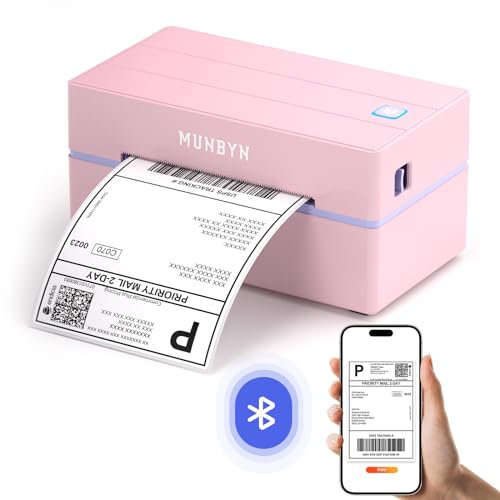 MUNBYN DHL Etikettendrucker Bluetooth, Label Printer 4x6 Versandetiketten Drucker, Thermodrucker Labeldrucker für Shopify Zalando Ebay Etsy Amazon DPD UPS, mit 25 Etiketten, ITPP130B Rosa