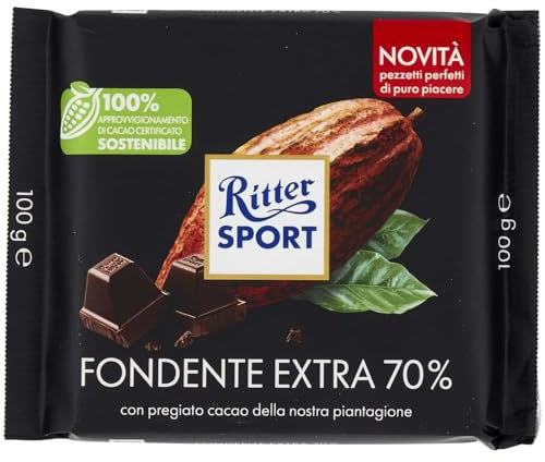 RITTER SPORT Fondente 70% Cacao, Tavoletta di Cioccolato Extra Fondente con Pregiato Cacao, Cacao 100% Certificato Sostenibile, 100g