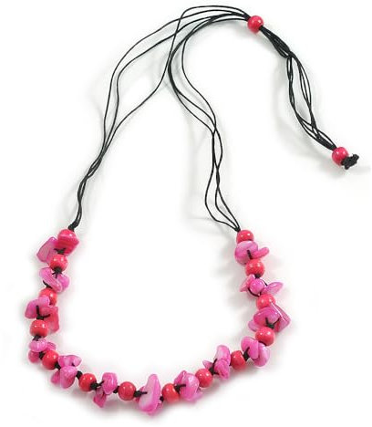 Avalaya Fuchsia Shell and Deep Pink Wood Beads with Black Cotton Cord Necklace - 80cm L/Adjustable