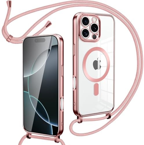 Oelrstfe Cover Magnetica Trasparente con Cordino per iPhone 16 Pro con Magnetico,Custodia Sottile con Laccio Collana Tracolla Regolabile Antiurto Case con Collana per iPhone 16 Pro-rose_gold