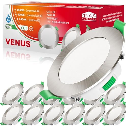 max K O M F O R T LED Einbaustrahler flach 7W Dimmbar Bad VENUS | IP44, 110°, 770 Lumen, 68mm| Warmweiß Neutralweiß Kaltweiß | Einbauspot, Deckenstrahler Deckenspot Edelstahloptik 12er SET