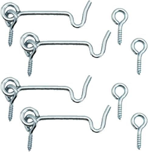 Confezione da 4 ganci per cabina da 5 cm, colore argento, con gancio e occhiello, per porte, finitura placcata per persiane per cancelli, finestre, porte scorrevoli