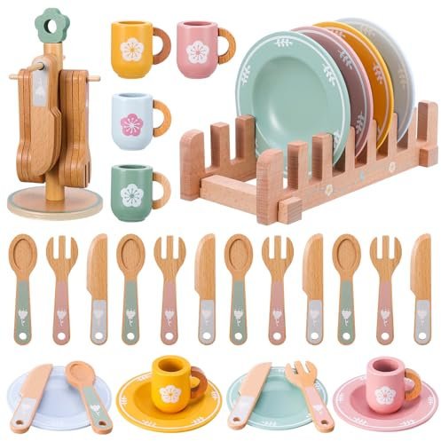 Wooden Kitchen Toys,22 Pcs Kid Wooden Dinnerware Toy Set,Wood Kids Kitchen Playset,Funny Toddler Kitchen Toy Children Kitchen Cutlery and Plate Toy Set for 3-5 Years Old