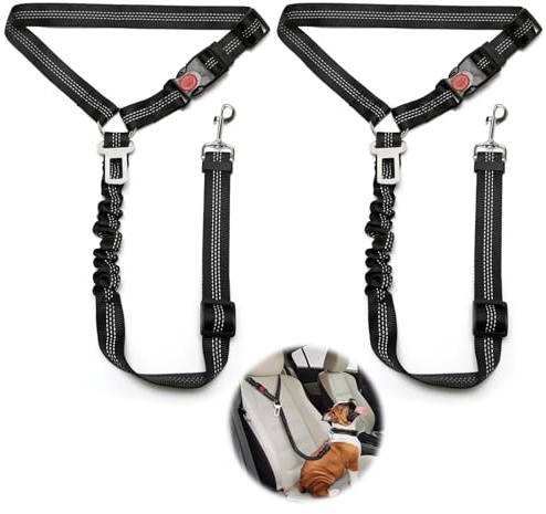 2 Stück Verstellbarer Hundegurt fürs Auto, Sicherheitsgurt Hunde mit Ruckdämpfer Elastisch, Hunde Sicherheitsgurt Auto für Kleine Mittelgroße große Hunde und Alle Autotypen, (2 Schwarz)