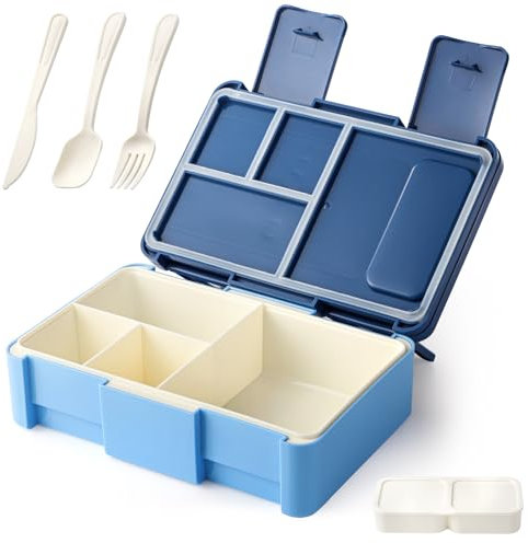 Biioistle Bento Box Lunchbox 4 Fächer Lunchbox mit 1 Sauce und Gabel Löffel, Auslaufsicher, Geeignet für Arbeit, Outdoor, Indoor Lunchbox