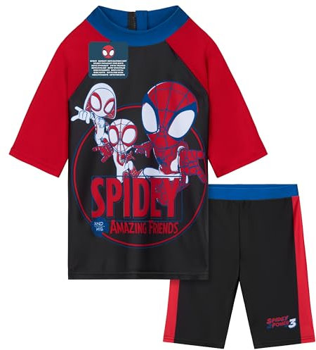 Get Trend Marvel Spidey Boys Swimming Costume Set 2 Piece Swimwear Rash Guard Top and Swimming Trunks Comfy Swimsuit for Beach Pool Holiday Essentials (5-6 Years, Red/Black Spidey)