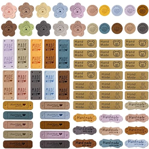 Handmade Label zum Annähen Leder Personalisiert 70 Stück Label zum Annähen Frechdachs Groß Handmade Etiketten mit Löchern Lederlabel Lederetiketten DIY Handgefertigte Nähen für Schal Kleidung Mütze