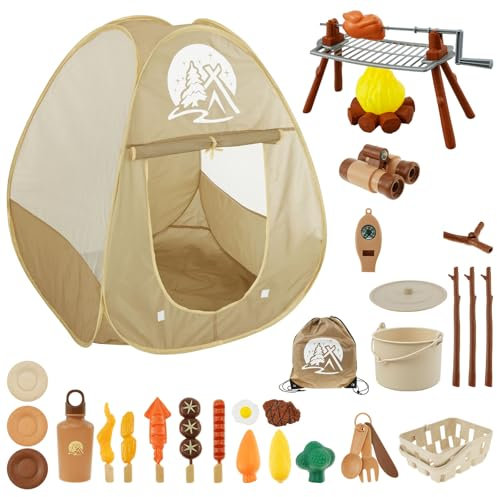 Kids Camping Set with Tent 30PCS Children Pop Up Play Tent Kit Portable Indoor Outdoor Kid Camping Toys Adventure Playset Funny Kid Pretend Camping Tool Set for Birthday