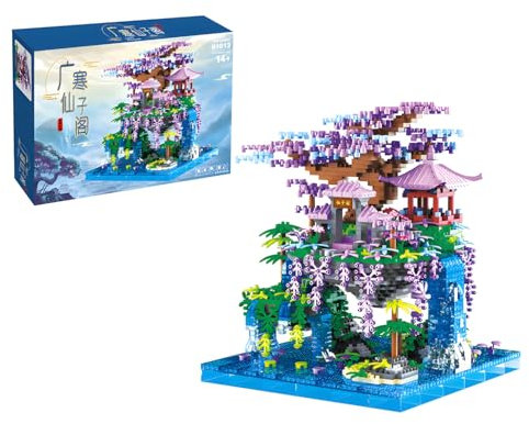 TRavesty Kit de construction architecture chinoise, 3000 pièces, pavillon de fées, architecture The Moon Palace Pavilion Kit de briques de construction, fleurs de pêcher, étang, architecture modulaire