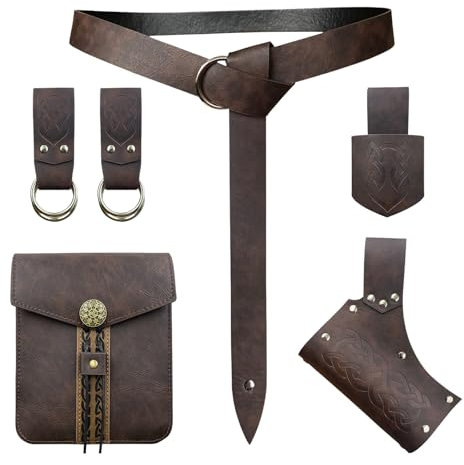 EpicCos 6 PCs Renaissance Belt Costume Medieval Accessories Belt Pouch Skirt Hiking Sword Frog Viking Horn Belt Holster(Schwarz C)