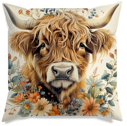 VLYX Kissen mit Hochlandrind, Hochlandrind-Dekorationen, schottisches Geschenk für Frauen, Kissenbezug, Tierblumen-Dekoration
