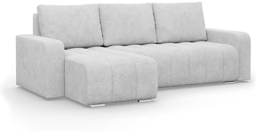 Mebligo - Ecksofa mit Schlaffunktion und Bettkasten 237 cm Breit Abrielle, Couch Wohnzimmer Links oder Rechts Schlafsofa mit Bonellfederkern, Boucle SofaGrau (Abriamo 05)