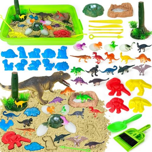 Dinosaurier Kinetic Sand Set Junge, Knetsand Dinosaurier, Dino Sandspielzeug Kinder mit Knetsand & Dinoformen, Sensorisch Zaubersand Magic Sand Geschenk für Junge