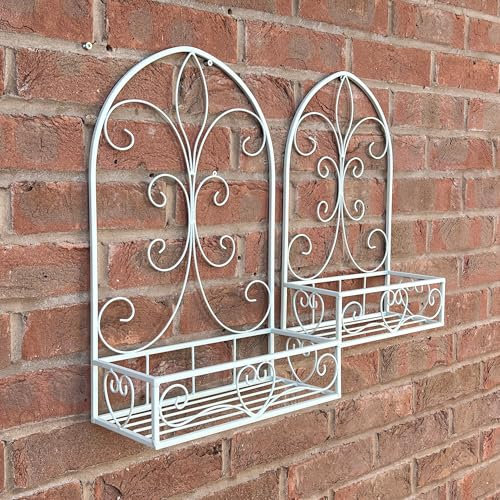 Alfie Francis Set of 2 Cream Outdoor Wall Mounted Planters Metal Plant Pot Holders Decorative Garden Display Shelves Vintage Rustic Decor