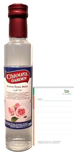 Orientalisches Rosenwasser 250ml Glasflasche- ideal zum Backen und Kochen - Blütenwasser zur Aromatisierung von Süßspeisen, Backwaren und Getränken + Ben’s Garden Notizblock Set