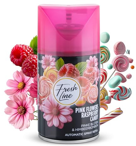 Fresh Line Lufterfrischer Set Pink Flowers - Raspberry Candy 3 er Pack Aromatischer Raumduft passend für alle Automatische Duftspender, Sprühgeräte, Maschinen, Erfrischendes Aroma und Duftintensität