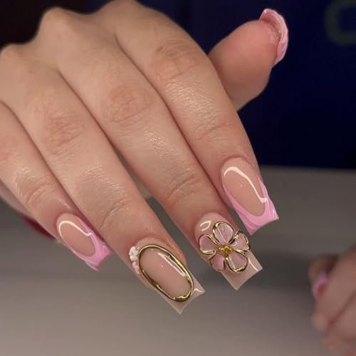 MouyouGlow Press on Nails Mittellang,Square Rosa French 3D Blumen Floral Gold Aura Fake Nails with Nail Glue,Pink French Flowers Y2K Sweet INS Künstliche Fingernails