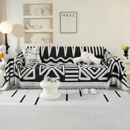 OstepDecor Sofa Überzug Bohu Chenille Sofabezug, Couch Überzug 1/2/3/4 Sitzer, Kratzfest Hund Katze Sofa Cover, rutschfest und babyfreundlich, Sofaüberwurf (Boho-Schwarz 180 x 260 cm)