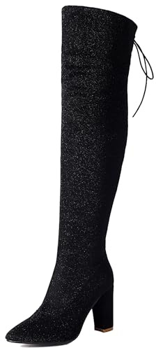 LarDorLin Donna Brillantini Appuntito Stivali Sopra Il Ginocchio Moda Tacco a Blocco Inverno Festa Warm Elastico Long Booty Nero Numero 35 EU