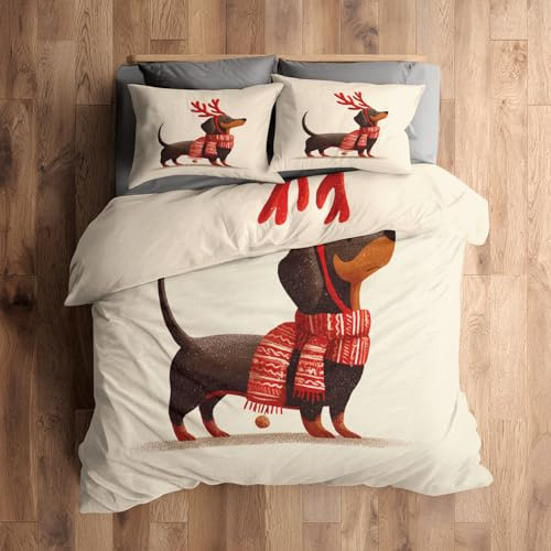 Generisch 135x200 Bettwäsche Weihnachten Bettbezug - 2tlg, 1 Kissenbezug 80x80, Süß Dackel Muster, Schlafzimmer Deko, Weiche Mikrofaser Wendebettwäsche mit Reißverschluss - XI235
