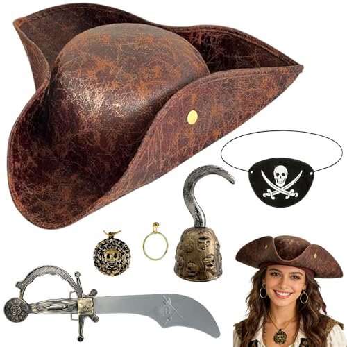 WDKXCN Piratenhut Kostüm Set, 6 Pcs Pirate Accessories Mit Totenkopfkopf Halskette, Augenklappe, Haken, Ohrringen, Schädelkopfschwert, Piraten Hut, Karneval Piratenkostüm Zubehör für Herren Frauen