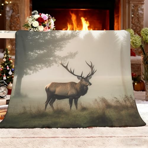 Kuscheldecke Flauschig Decke Fleecedecke XXL 180x200cm Waldtier Elch Sofadecke Wolldecke Warme Weiche Hell Decken Überwurf für Sofa Couch Bett Raumdekoration