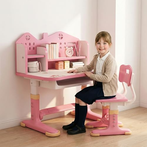 SwiftPath Hoehenverstellbarer Kinderschreibtisch Set mit Stuhl, ergonomischer Lernschreibtisch Kinder, Schreibtisch mit Schublade und getrennter Arbeitsflaeche, mitwachsender Schreibtisch (Rosa)