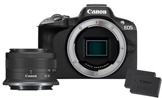 Canon EOS R50 Systemkamera + RF-S 18-45mm is STM Objektiv + 2X Batterien (Zusätzliches Akku-Kit) - Spiegellose Kamera (Digitalkamera mit Autofokus + Motiverkennung für Personen Augen Tiere Fahrzeuge)
