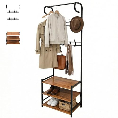 Heavy-Duty Industrial Hall Tree Coat Rack with Shoe Storage, Hanging Rail Hooks 3-Tier Wooden Shelves, Metal Frame Coat Stand, Entryway Organiser with Key Hooks Shoe Bench Rustic Brown & Black Finish
