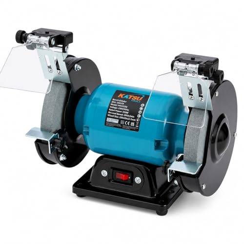 KATSU Tools Bench Grinder 250W 150mm 6 Inch Coarse & Fine Grinding Wheel | Bench Sander Polisher for Grinding, Sharpening & Metal Polishing, LED Work Light, Model 100195