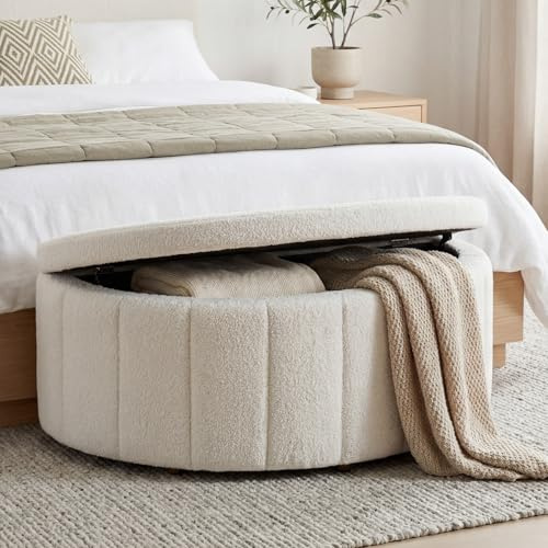 tectake® Banquette rembourrée 108 x 48 x 38,5 cm, Banc Coffre avec Grand Espace de Rangement, Capacité de Charge 150 kg, Banquette, Assise Confortable, Meuble Rangement Chambre, Salon - Bouclé Crème