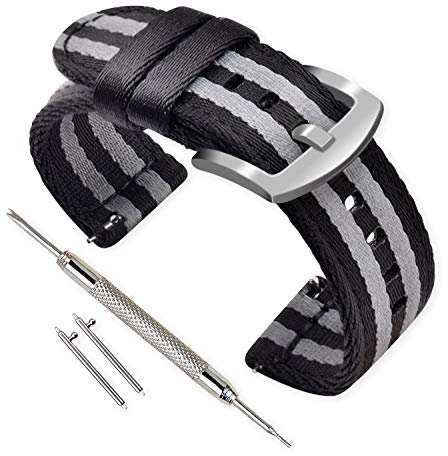 VINBAND Unisex Nylon Uhrenarmband mit Edelstahl Silberne Schnalle (24mm, Schwarz Grau Schwarz)