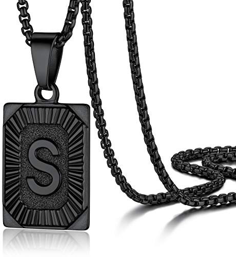 PROSTEEL Damen Buchstabe S Kette Schwarz Viereck Anhänger mit Initiale + 55cm/2mm Venezianierkette Retro Stil Großbuchstaben Modeschmuck für Männer Frauen