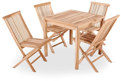 Raburg Sitzgruppe MARELIA L - Teak-Holz Set aus 4 Klappstühle, 1 Tisch 70 x 70 cm, feines, naturbelassenes Teak, langlebig, leicht & robust, Gartenstuhl-Set, praktische Sitzgruppe