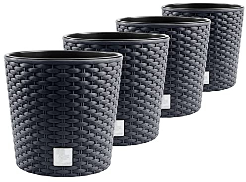 PAFEN 4X Blumentopf RATTO Rattan-Optik Kunststoff Topf Blumenkübel inkl. Einsatz Übertopf Anthrazit ⌀30cm