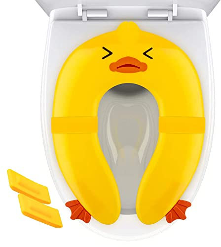 POKANIC WC-Sitzbezug, Reise-Toilettensitz, faltbar, rutschfeste Silikon-Pads, tragbar, wiederverwendbar, für Kinder, Kleinkinder, Jungen, Mädchen, Tragetasche (Gelb – Ente)