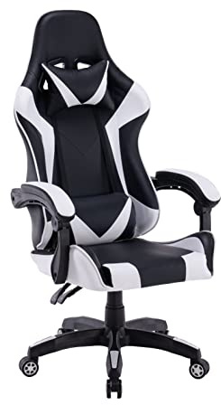 CDF Gaming Stuhl – ergonomischer Drehstuhl fürs Büro & Homeoffice, Computerstuhl mit 2 Kissen (Nacken/Lenden), Gaslift Höhenverstellung, Rückenlehne bis fast 180°, Chromfuß mit Rollen - Weiß