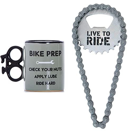 Boxer Gifts MU3510 Funny Prep Bike Mug | Unique Cycle Shaped Handle& BO1202 Chain Bottle Opener | Silver Stainless Steel | Perfect Bike Gift for Cyclists On Their Birthday, 12.5x5.5x1 cm