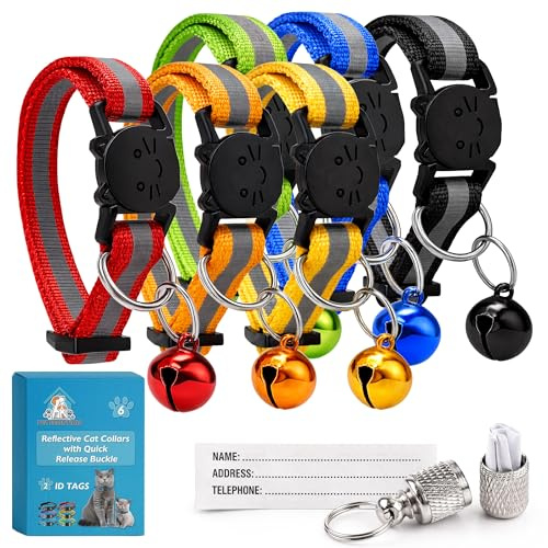 SOL 6pk Reflective Cat Collars with ID Tags - Quick Release Buckle | Adjustable comfortable fit, includes bell, for night visibility and everyday wear