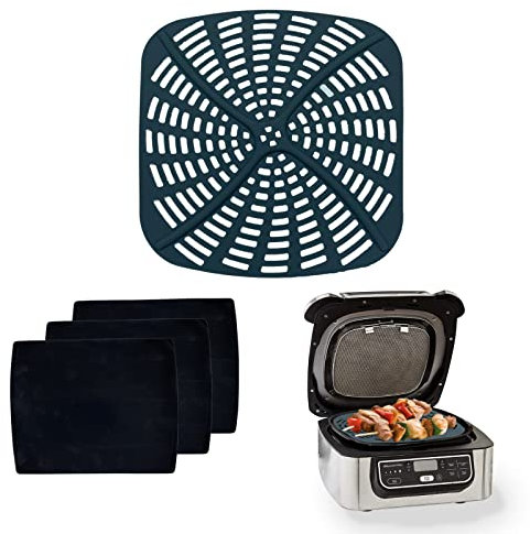 KINLYBO Reusable Silicone Air Fryer Liners and 3PCS Heat Resistant Grill Mats Set Compatible with Ninja Foodi 5-in-1 AG301 Grill, Non-Stick Air Fryer Replacement Accessories for Ninja AG301