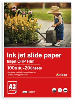 Inkuway Feuille Transparente Imprimable A3 OHP 20 Feuilles Films Transparents pour Rétroprojecteur, Impression Jet d'Encre